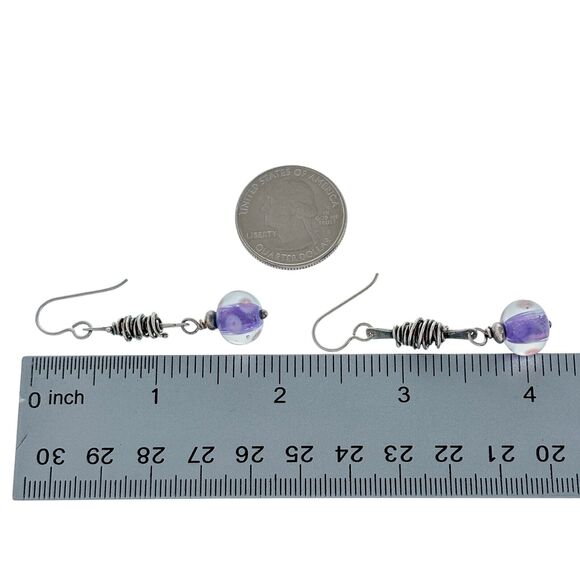 Estate Artisan Sterling Silver Purple Pink Polka Dot Glass Bead Dangle Earrings - Picture 4 of 4